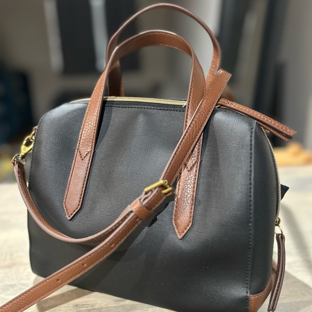 Fossil Black and Brown Leather Satchel with Gold Hardware